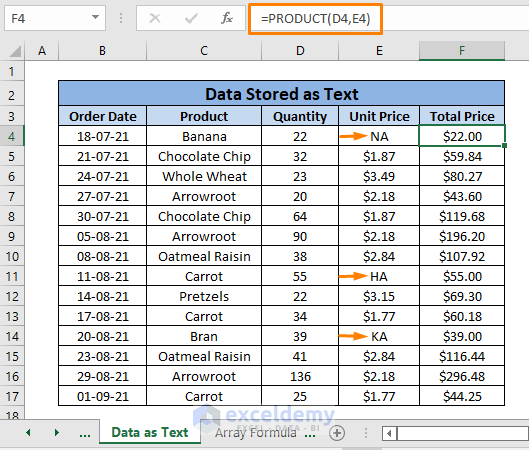 Data stored as text result-VALUE Error in Excel