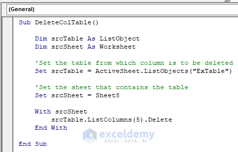 VBA to delete Column from a Table in Excel