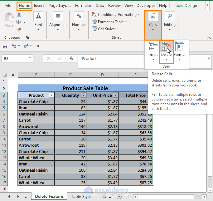 Delete feature-Remove Table from Excel