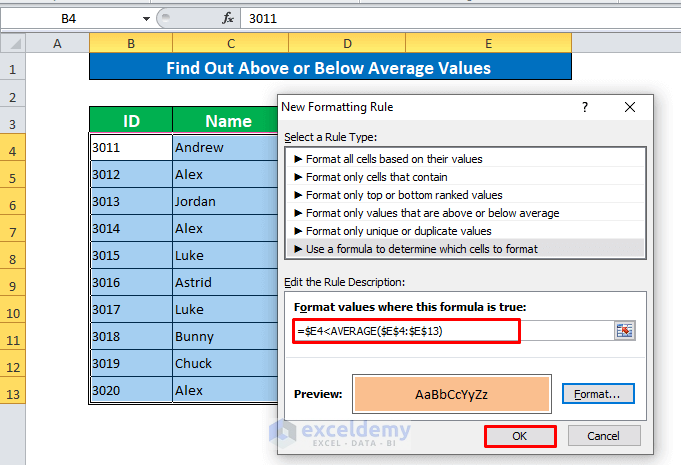 Find Out Above or Below Average Values Applying Conditional Formatting