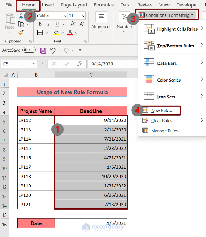 Use New Rule to Apply Conditional Formatting to the Overdue Dates in Excel