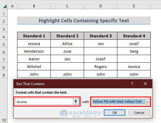 highlight cell with specific text