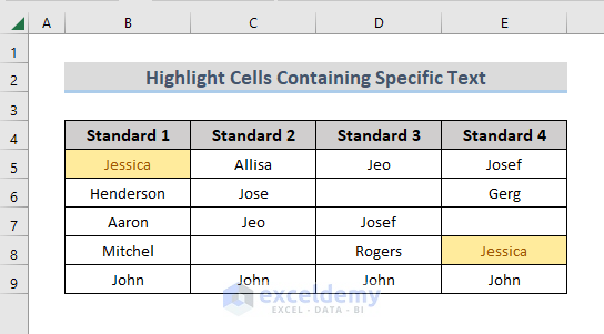 highlighted cells with specific text