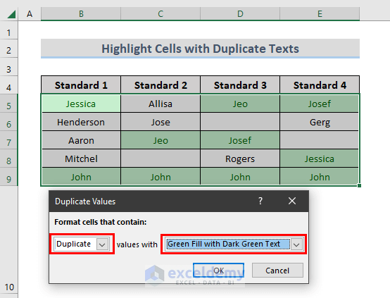 highlight cells with duplicate text
