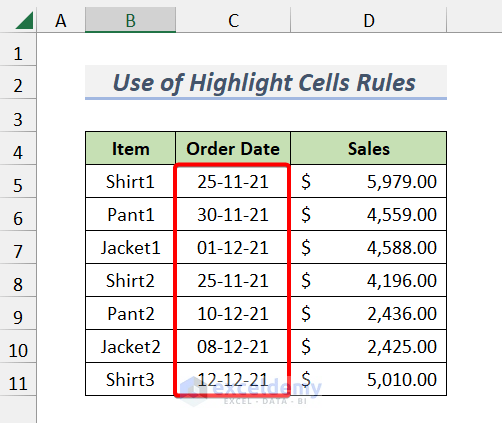Date Set of Using Highlight Cells Rules Option to Highlight Cell Based on Date