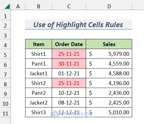 Results After Using Highlight Cells Rules Option to Highlight Cell Based on Date