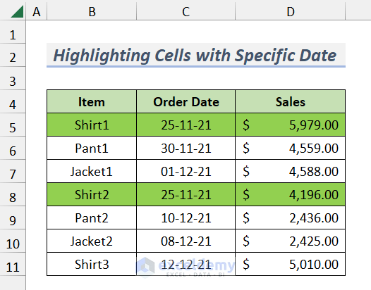 Results After Highlighting Specific Dates with Conditional Formatting