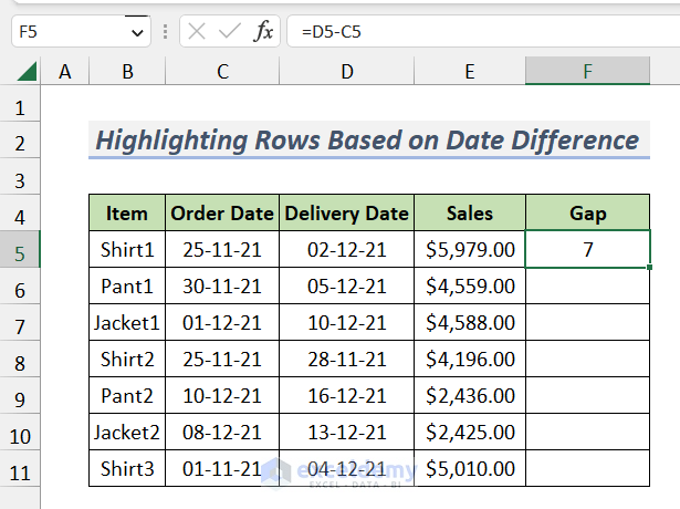 Inserting Formula for Determining Gap Between Order Date & Delivery Date