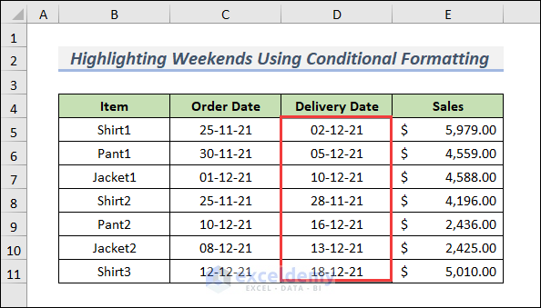 Dataset for Highlighting Row that Contain Weekends Using Conditional Formatting