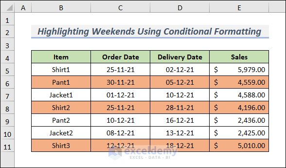 Results After Highlighting Row that Contain Weekends Using Conditional Formatting