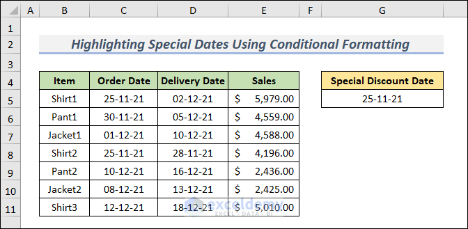 Dataset for Highlighting Row that Contain Special Dates Using Conditional Formatting