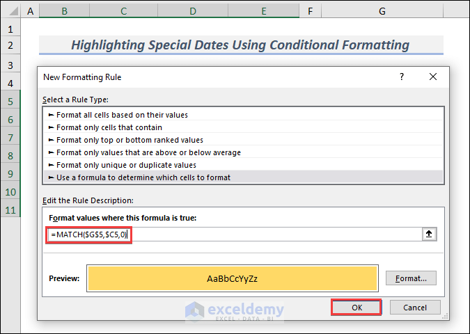Inserting Formula on New Formatting Rule Window for Highlighting Special Dates Using Conditional Formatting