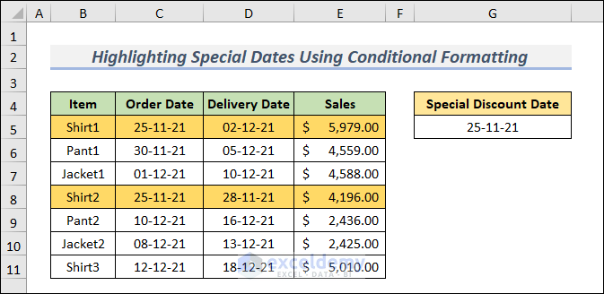 Results After Highlighting Row Containing Special Dates Using Conditional Formatting