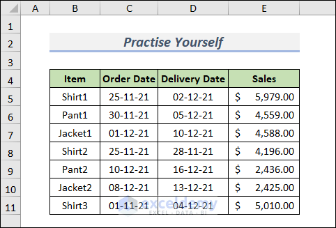 Practice Sheet for Excel Conditional Formatting Highlight Row Based on Date