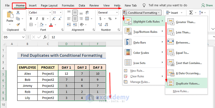 With Conditional Formatting Find Duplicates from Multiple Columns in Excel