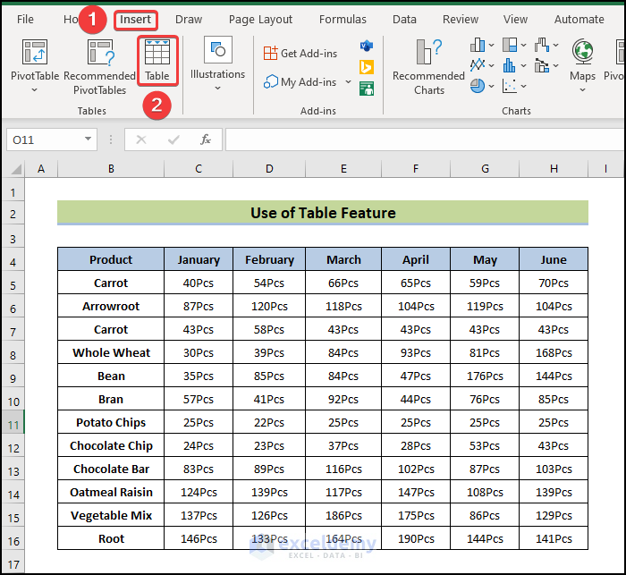 Selecting table option from Insert tab