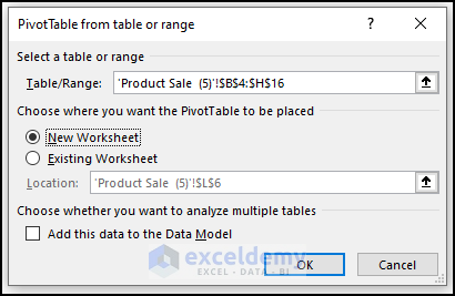 Showing PivotTable from table or range dialog box to check the input