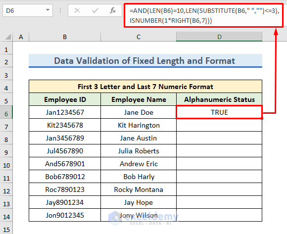 Inserting Formula for Checking Data Validation of Fixed Length and Format Alphanumeric Only