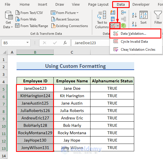 Inserting Excel Data Validation Option From Data Tab