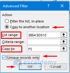 Using Advanced Filter Feature to Find Duplicate Rows Based on Multiple Columns in Excel