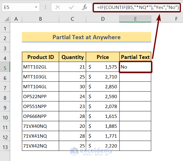 Check If Partial Text Contains at any Position Using IF and COUNIF Function