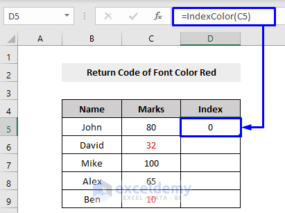 Result of If Font Color is Red Then Return the Index in Excel