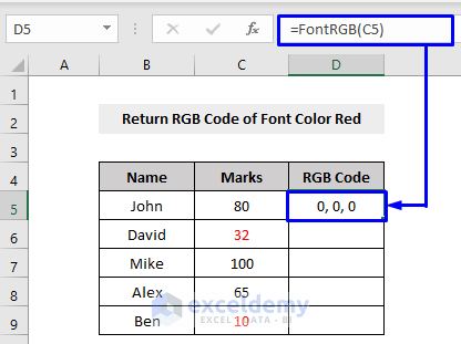 Result of If Font Color Is Red then Return the RGB Code in Excel