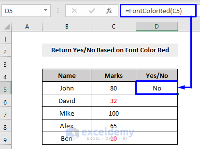Result of If Font Color is Red Then Return Certain Word in Excel