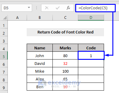 Result of If Font Color Is Red then Return the Color Code 