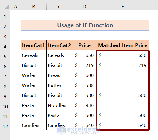 Result of IF Function to Copy Values to Another Cell If Two Cells Match