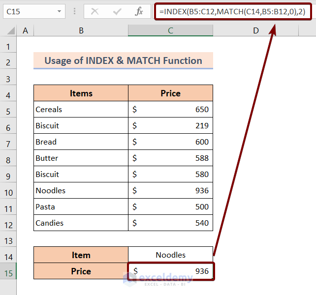 Usage of the INDEX and the MATCH function