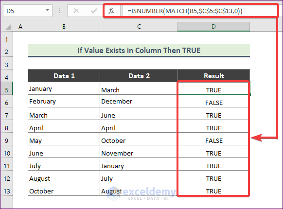 excel if value exists in column then true