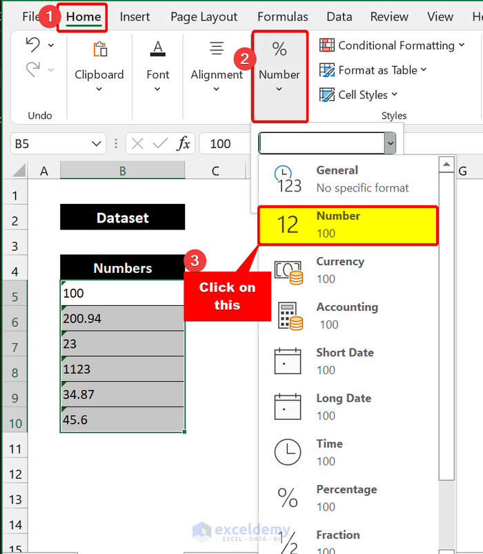 select number format in excel