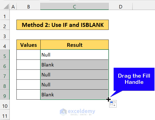 final result of null vs blank in excel