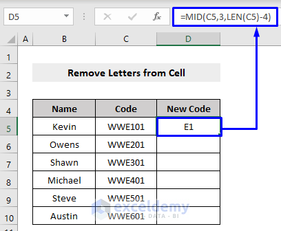 Remove Both First and Last Letters from Cell with Formula in Excel