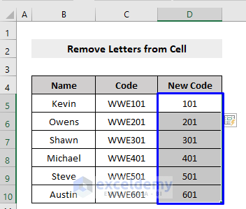 Result of Remove Letters from Cell using Flash Fill in Excel