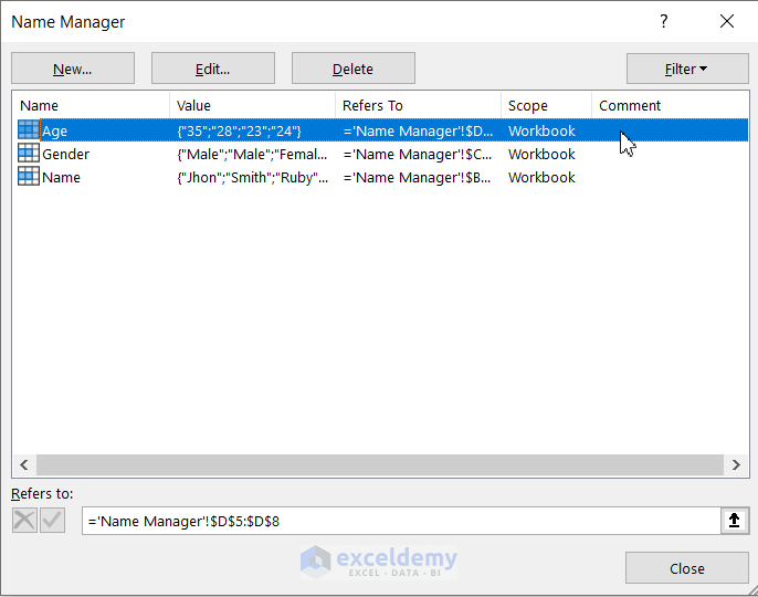 Using the Name Manager to Remove Named Range