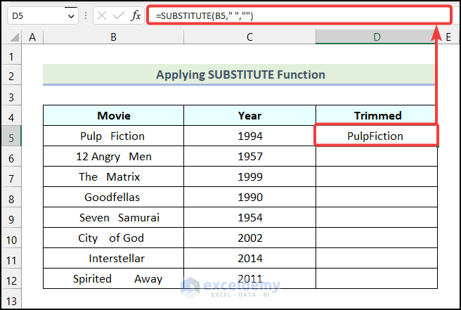 Using the SUBSTITUTE function to remove spaces in cell in Excel