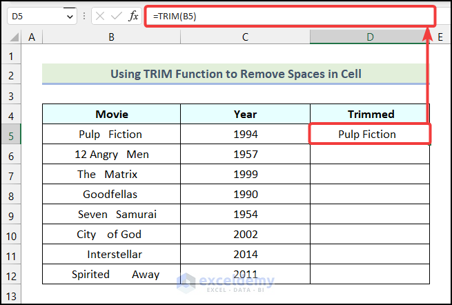 Using the TRIM function to remove spaces in cell in Excel
