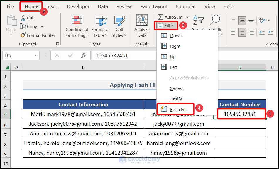 Applying flash fill feature to split string by character in Excel