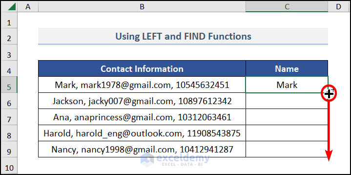 Fill Handle tool to split string by character in Excel