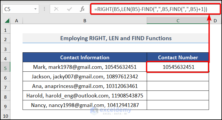 Employing RIGHT, LEN, and FIND Functions to split string by character in Excel
