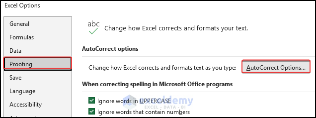 Excel options window