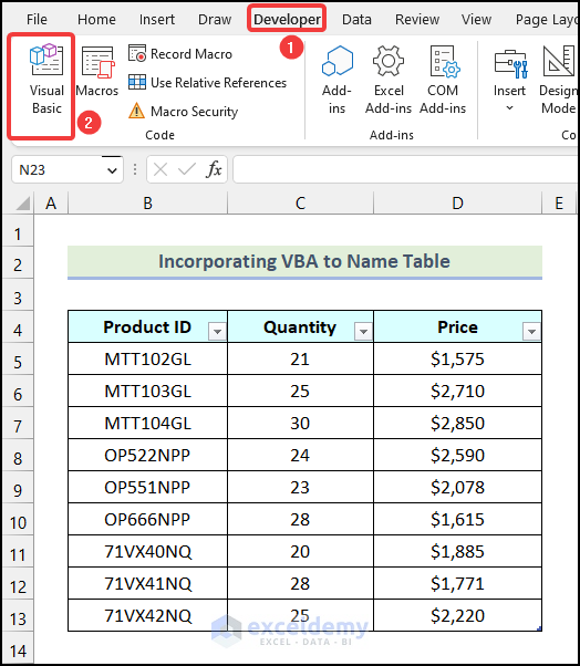 Using the Developer tab to open VBA Editor in Excel
