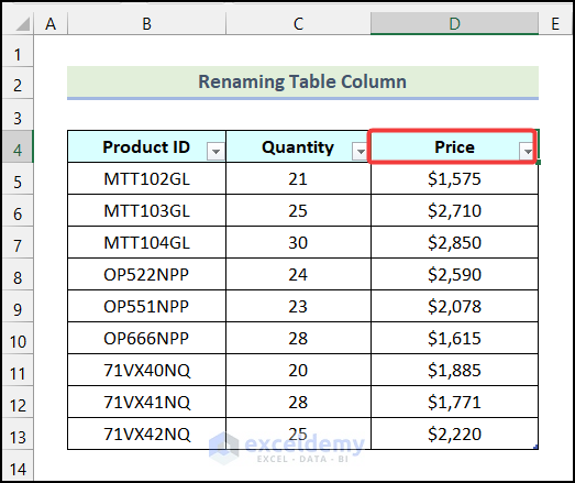 Selecting column header that we need to rename