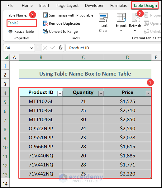 Using Table Design tab to name a table in Excel