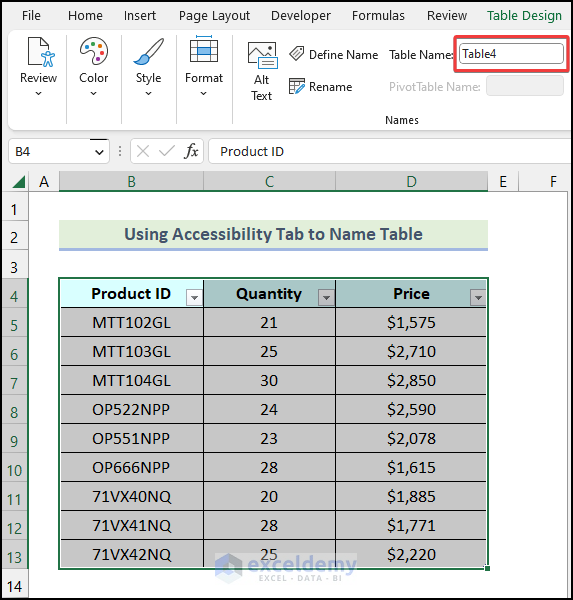 Using the Accessibility tab name table in Excel
