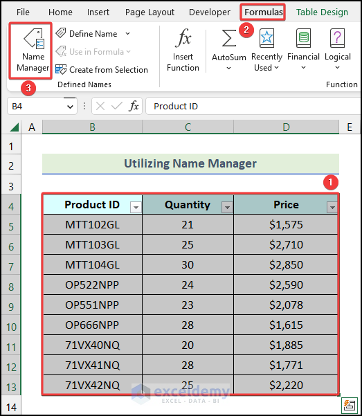 Using Formula tab to access Name Manager option 