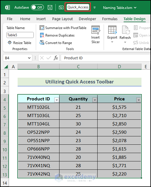 Changing name of the table using Quick Access Toolbar in Excel