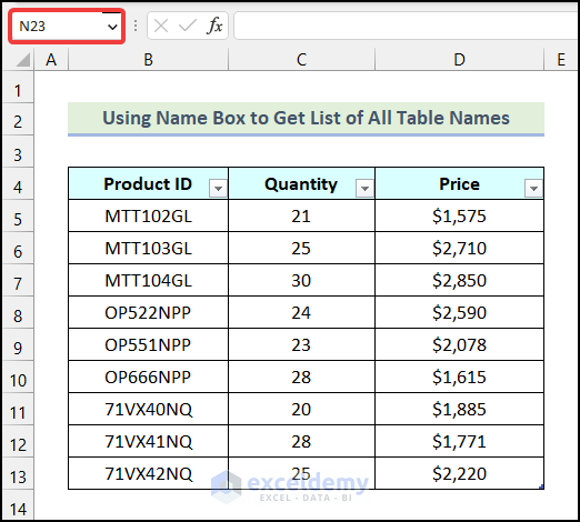 selecting Name Box to show all table names 